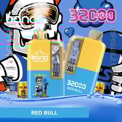 Promotional image for Bang 32000 disposable vaping device with Red Bull flavor, featuring product details like 3200 puffs, 650mAh battery capacity, and a colorful sports-themed design.