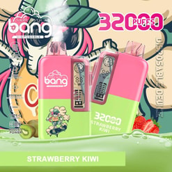 Advertisement Featuring Two Colorful Disposable Vape Devices In Pink And Green Hues, Labeled 'Bang Disposable' With Strawberry And Kiwi Design Elements And Product Specifications Such As '32,000 Puffs,' Set Against A Vibrant Illustrated Background.