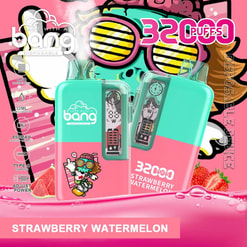 Promotional Image Showcasing A Colorful Disposable Vape Device Branded As 'Bang' With Features Like 3200 Puffs Capacity And A Strawberry Watermelon Flavor, Displayed Against A Vibrant, Playful Background.