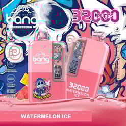 Promotional image of Bang disposable vape in Watermelon Ice flavor, showcasing its pink design with artistic graphics, 32000 puff capacity, 32ml liquid capacity, and 650mAh battery specifications.