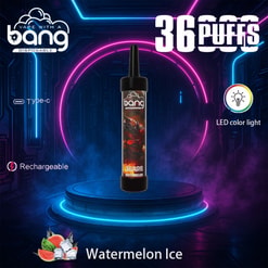 Kampanjbild med en bang engångsvape med vattenmelonissmak markerad, omgiven av neonljus och produktfunktioner som LED -lampor och laddningsbarhet.