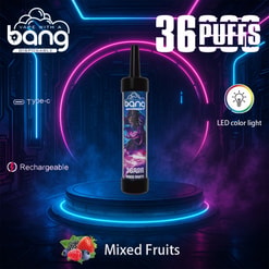 Produktbild som visar upp engångsvapet med blandad frukt, 3600 puffarskapacitet, LED-färgljusfunktion, laddningsbar via typ-C, visas på en futuristisk, neonbelysta bakgrund.