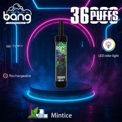 Kampanjbild av Bang-engångsvapet med mintissmak, som visar upp sin typ-C-laddningsport, LED-färgljus och laddningsbara funktioner med '36 puffs-varumärke i en neon-accentuerad futuristisk bakgrund.