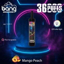 Kampanjbild av Bang-engångsvapen med Mango Peach-smak, visad med LED-färgljus, typ-C-laddning och 3600 puffkapacitet i en neonbelyst futuristisk miljö.
