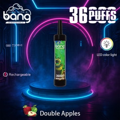 En produktannons för Bang Disposable Double Apples Vape med 36000 puffar, typ-C-laddning och LED-färgbelysning, visas med en futuristisk neonbelysta bakgrund.