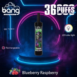 Kampanjbild med Bang engångsvapen i Blueberry Raspberry-smak, som visas på ett futuristiskt neon-upplyst scen med produkthöjdpunkter som typ-C-laddning och LED-färgbelysning.
