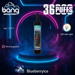 Kampanjbild för Bang engångsvape som annonserar 36000 puffar, laddningsbara via typ-C med LED-färgljus, med blåbärsissmaken, inställd mot en neon futuristisk bakgrund.