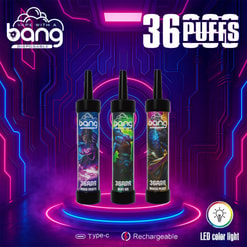 Drei Bang 36000 Einweg-Vape-Geräte mit den Geschmacksrichtungen „Mixed Fruits“, „Mint Ice“ und „Mango Peach“ werden vor einem neon-futuristischen Hintergrund präsentiert und mit Funktionen wie 36.000 Zügen, Typ-C-Ladefunktion, LED-Farblicht und Wiederaufladbarkeit beschriftet.