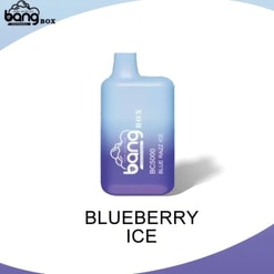Bang Box Bc5000 Blue Razz Ice Vaping Device In A Gradient Blue Finish On A White Background With Text 'Blueberry Ice.'