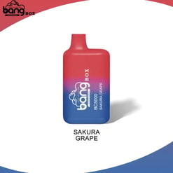 A Bang Box Bc5000 Disposable Vape In Sakura Grape Flavor, Featuring A Streamlined Rectangular Design With Red And Blue Gradient Colors.