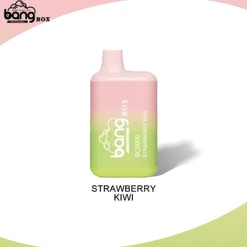A Bang Box Disposable Vape Device In Strawberry Kiwi Flavor, Featuring A Pink To Green Gradient Design And Clear Branding Text.
