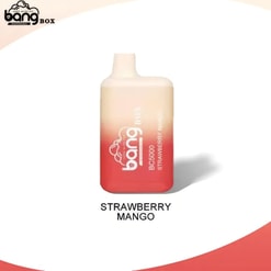 A Bang Box Bc5000 Disposable Vape Device With Strawberry Mango Flavor Displayed Against A Gradient Background.