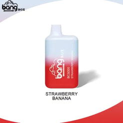 A Compact Vaporizer Labeled 'Bang Box Bc5000 Strawberry Banana' With A Red-To-White Gradient Design, Displayed On A White Background.
