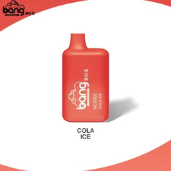 A Red Bang Box Bc5000 Vaping Device With 'Cola Ice' Flavor Indicated, Displayed Against A White Background.