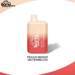 A Bang Box Bc5000 Vape Device With A Gradient Color Design And Labeled As Peach Mango Watermelon Flavor.