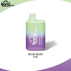 A Bang Box Disposable Vape Device In A Green-To-Purple Gradient Color Design With The Flavor Label 'Blueberry Ice' Displayed Prominently.