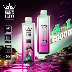 Promotional Image Featuring Two Bang Blaze 4-In-1 E-Cigarettes With A Colorful Background, Highlighting Specifications Such As 650Mah Capacity And Options For Multiple Flavors.