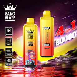 Promotional Image For Bang Blaze 4-In-1 Electronic Device With 60,000 Puff Capacity, Featuring A Vibrant Design And Technical Specifications Such As 650Mah Capacity And Digital Display, Set Against A Colorful Futuristic Background.