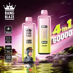 Promotional Image For 'Bang Blaze 4 In 1' Vape Devices Showcasing Two Units With A Colorful, Reflective Background, Highlighting Features Like 60000 Puffs, A 650Mah Battery, Digital Display, And Type-C Charging.