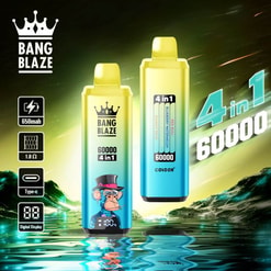 Product Advertisement For Bang Blaze 4-In-1 Vape Devices Featuring Two Colorful Devices Labeled With 60,000 Puffs And Flavor Information, With Specs Such As 650Mah Battery And Type-C Rechargeability Illustrated On The Left Side. The Background Includes Vivid, Glowing Scenery With Watery Reflections.