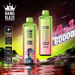 Colorful Advertisement Showcasing Two 'Bang Blaze' 4-In-1 Vape Devices With A 60,000 Puff Capacity Against A Vivid, Neon-Tinted Background, Featuring Product Specs Like 650Mah Battery And Type-C Charging.