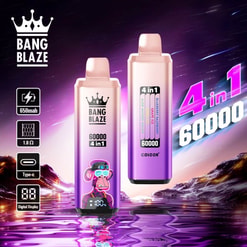 Display Of Two Bang Blaze 4-In-1 Vaping Devices With Vibrant Purple Hues, Labeled With Various Specifications And Features, And A Graphic Monkey Icon On One. The Background Includes A Reflective Liquid Surface And A Cosmic Scenery.
