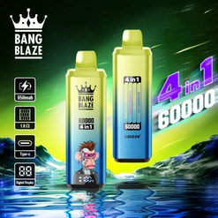 A Promotional Image For Bang Blaze's 4-In-1 Vaping Device, Displaying Two Vape Pens With Neon Green And Blue Designs, Capacity Of 60,000 And Featuring Digital Display, Type-C Charging, And Flavor Options. Background Includes A Vivid Futuristic Aurora Setting With Reflective Water.