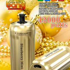 Image promotionnelle montrant un dispositif de vape jetable appelé «Bang Blaze Blueberry Mint Ead Ead», avec une conception dorée et un texte mettant en évidence ses spécifications, dont 42 000 bouffées, une capacité liquide de 30 ml et une batterie de 1000 mAh.