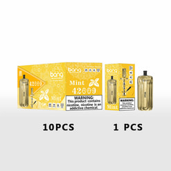 Emballage et images de produits de la tête Bang E-Shisha avec saveur de menthe, montrant des boîtes pour 10 pièces et une seule unité aux côtés de l'appareil E-Shisha en couleur dorée;