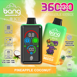 Promotional Image For A Bang Disposable Vape Device Featuring A Pineapple Coconut Flavor, Illustrated With A Detailed Interface And Vibrant Packaging.
