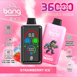 Promotional Image For A Bang Disposable Vape Device Featuring Strawberry Ice Flavor With A Pink Background, Highlighting Features Like Dual Mesh Coils, Fingerprint Pressure Regulation, An 850Mah Battery, And A Digital Screen.