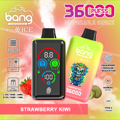 Promotional Image For The Bang Disposable Vape Device In Strawberry Kiwi Flavor, Featuring Dual Mesh Coils, Fingerprint Pressure Regulation, And 36000 Puff Capacity, With A Digital Display And Colorful Packaging Showing A Cartoon Design.
