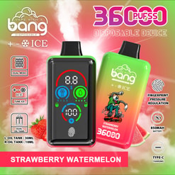 Promotional Image For The Bang Disposable Vape Device Featuring A Strawberry Watermelon Flavor, Showcasing A Dual Oil Tank, Dual Mesh Coil, Adjustable Ice Tune Feature, Fingerprint Pressure Regulation, 850Mah Battery, And 36000 Puff Capacity With A Type-C Charging Port.