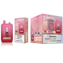 Packaging Of Bang King Vape In 'Watermelon Ice' Flavor With '25000 Puffs' Branding And A Warning Of Addictive Chemicals.