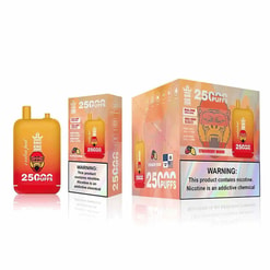 A Packaged Electronic Vaping Device Labeled 'Bang King, 25000 Puffs,' With A Strawberry Mango Flavor, Displayed Alongside Its Box Emphasizing Nicotine Content Warnings.