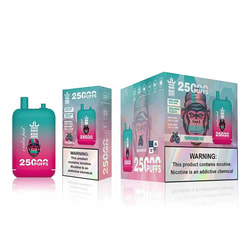Packaging Of An Electronic Vaping Device Labeled 'Bang King' With '25,000 Puffs' And Associated Branding, Featuring A Blend Of Pink And Teal Colors And Prominent Nicotine Warning Labels.