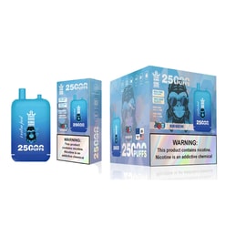 A Blue Vaping Device Along With Boxes Featuring Product Branding, Emphasizing 25,000 Puffs And Warnings About Nicotine's Addictiveness.