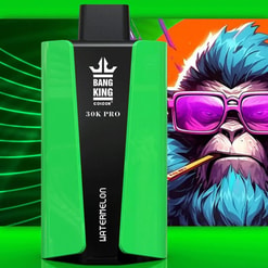 Green Bang King 30K Pro Vaping Device With A 'Watermelon' Flavor Label, Featuring A Stylized Gorilla With Sunglasses And A Vibrant Background.
