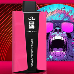 A Close-Up View Of A Bang King 30K Pro Vaping Device In Pink With A Strawberry Watermelon Flavor, Set Against A Vibrant Backdrop Featuring A Colorful Artistic Gorilla Design With Sunglasses.