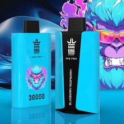 Two Vibrant Blue Vape Devices, Labeled 'Bang King 30K Pro,' With A Stylized Flaming Gorilla Graphic And 'Blueberry Raspberry' Flavor Indication, Set Against A Dynamic Background.