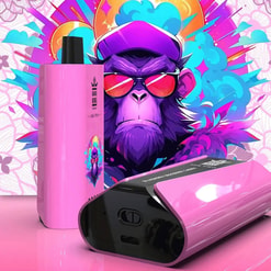 A Vibrant Product Display Featuring A Pink Vape Device With A Colorful, Stylized Gorilla Wearing Sunglasses And A Hat Depicted On The Packaging And Backdrop.