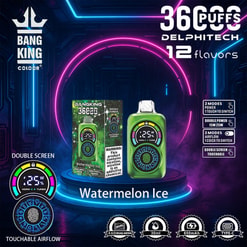 Promotional Image Showcasing The Bang King 36-Puff Vape Device In Watermelon Ice Flavor, Featuring Touchable Airflow Control And A Double Screen Display, Set In A Futuristic Neon-Themed Design.