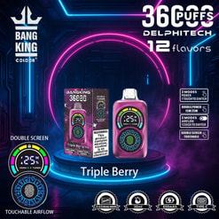Promotional Image Showcasing Bangking Electronic Cigarette In Triple Berry Flavor, Featuring A Sleek Design With Dual Screens And Detailed Product Specifications Within A Vibrant, Futuristic Setting.