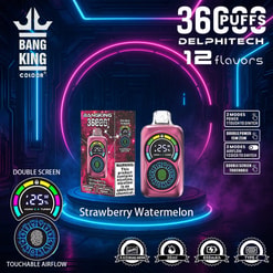 Image Showcasing A Bang King Vaping Device With Touchable Double Screens In Strawberry Watermelon Flavor, Set Against A Futuristic Neon Background, Highlighting Its Features Like Power Modes, Airflow Adjustment, And Specifications Including 650Mah Capacity And Type-C Charging.