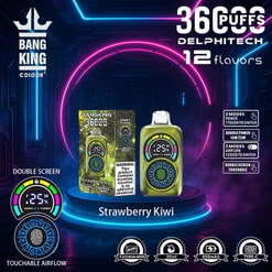 Promotional Image Showcasing The Bang King Vaping Device In Strawberry Kiwi Flavor, Featuring A Green Body With Double Screens Displaying Settings, Key Specifications Like 650Mah Battery And 30Ml Capacity, And Highlighted Neon Aesthetic Background.