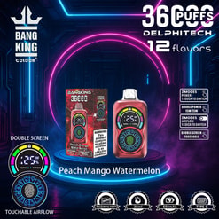 Promotional Image Featuring A Bang King 3600 Puffs Electronic Vaping Device In Peach Mango Watermelon Flavor, Highlighting Its Double Screen, Touchable Airflow, Type-C Charging, 30 Ml Capacity, 650 Mah Battery, And Dual Mesh Coil Technology, Set Against A Futuristic Neon Background.