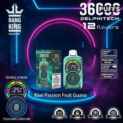 Marketing Image Of The Bang King Delphitech Vape, Showcasing Its Kiwi Passion Fruit Guava Flavor, Dual-Screen Feature, Touchable Airflow Controls, And Various Technical Specifications Like Power Modes And Battery Capacity.