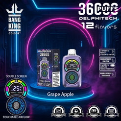 Promotional Image For The Bang King Electronic Vaping Device, Featuring A Purple Design With Dual Screens Displaying Modes And Power Levels, Surrounded By Neon Lights In A Futuristic Setting, Highlighting Features Like 36,000 Puffs, Grape Apple Flavor, And Specifications Like 650Mah Battery, Type-C Charging, And Touchable Airflow Control.