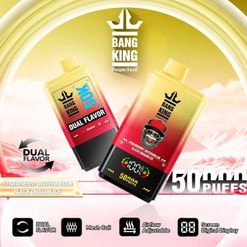 Reklambild för Bang King Dual-Flavor Disposable Vape med två smaker, med smakerna jordgubb och vattenmelon och Black Dragon Ice, med en puffkapacitet på 50 000, mesh-coil, justerbart luftflöde och digital skärmdisplay.