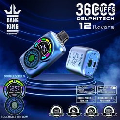 Promotiefoto van het Bang King Constellation 36000 Color vape-apparaat met een dubbel scherm, aanraakgevoelige luchtstroom en specificaties zoals een capaciteit van 36.000 trekjes, 12 smaken, een 650 mAh-batterij en USB Type-C-connectiviteit.